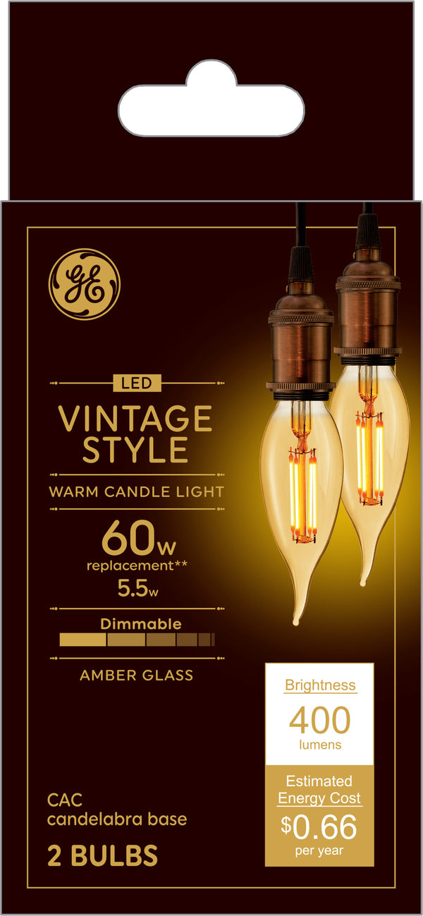 GE Vintage Style CA11 LED Light Bulbs, Decorative Candle Bulbs, Amber Glass, 60 W Replacement (2 PK)
