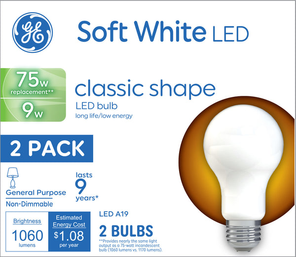 GE Basic LED 75 W Replacement, Soft White, A19 General Purpose Bulbs (2 PK)