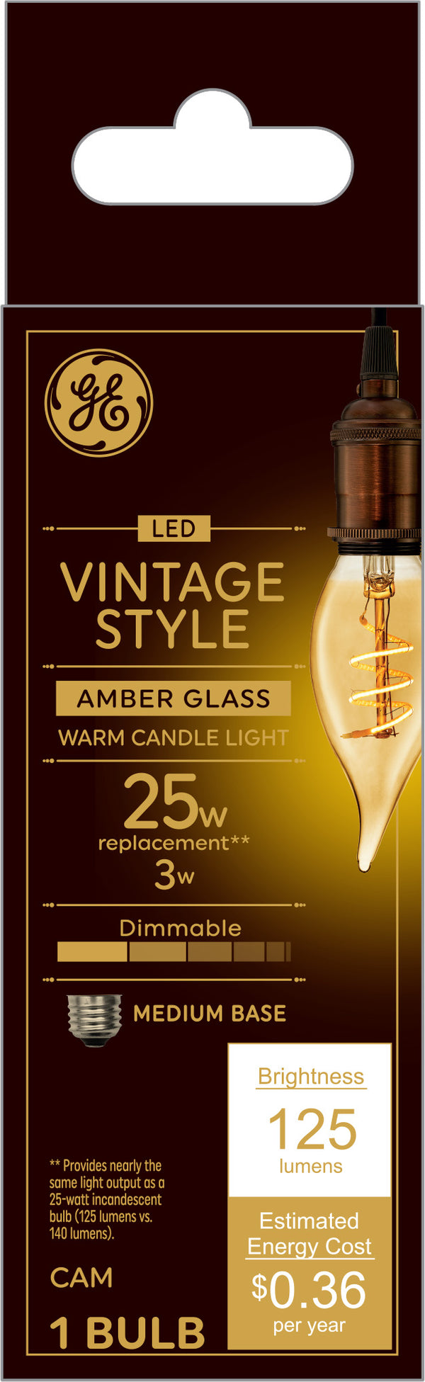 GE Vintage Style LED, Amber Glass, 25 Watt Replacement, CA11 Deco-Candle Light Bulb