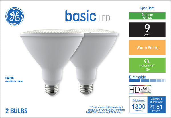 GE Basic LED 90 W Replacement, Warm White, PAR38 Outdoor Floodlight Bulb (2 PK)