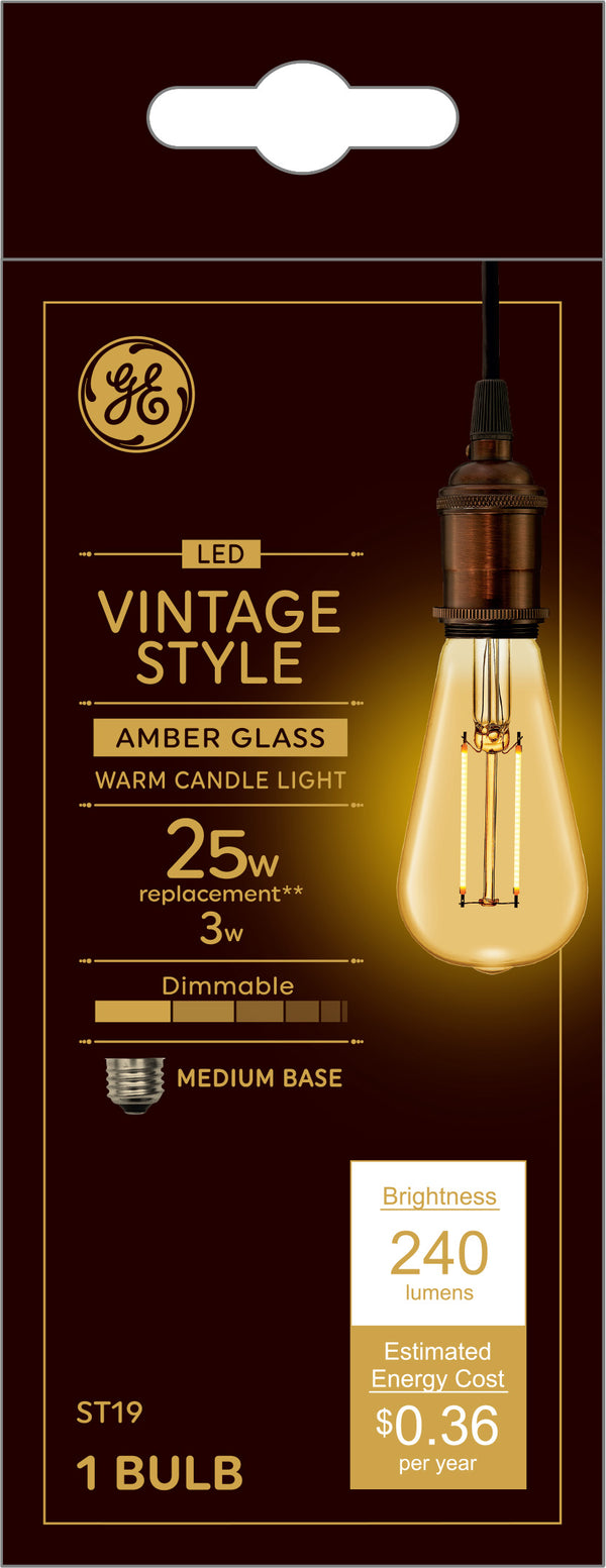 GE Vintage Style LED, Amber Glass, 25 Watt Replacement, ST19 Edison Style Light Bulb