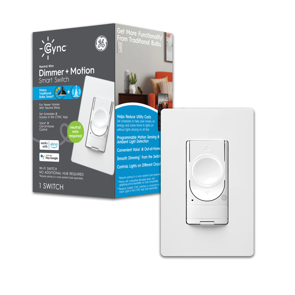 GE Cync Smart Light Dimmer Switch & Motion Sensor, Neutral Wire Required, 2.4 GHz WiFi Works with Amazon Alexa and Google Home, White (1 PK)