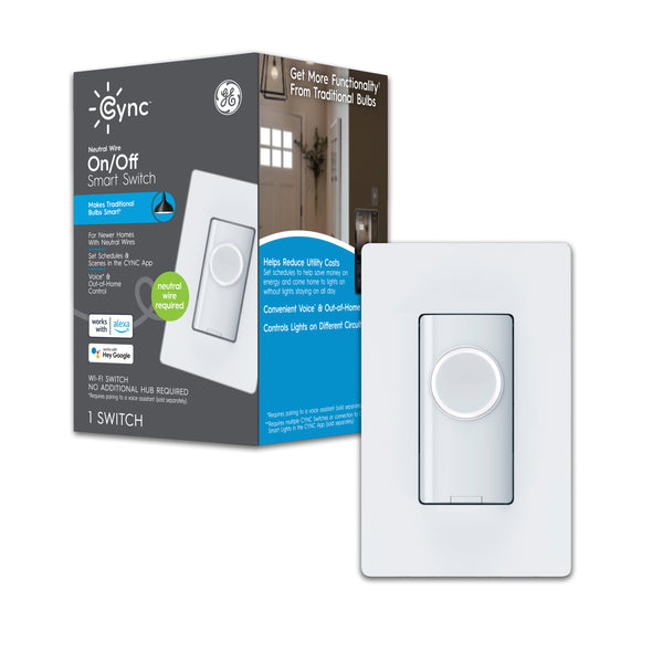 GE Cync Smart Light Switch, On/Off Button Style, Neutral Wire Required, 2.4 GHz WiFi, Works with Alexa and Google Home