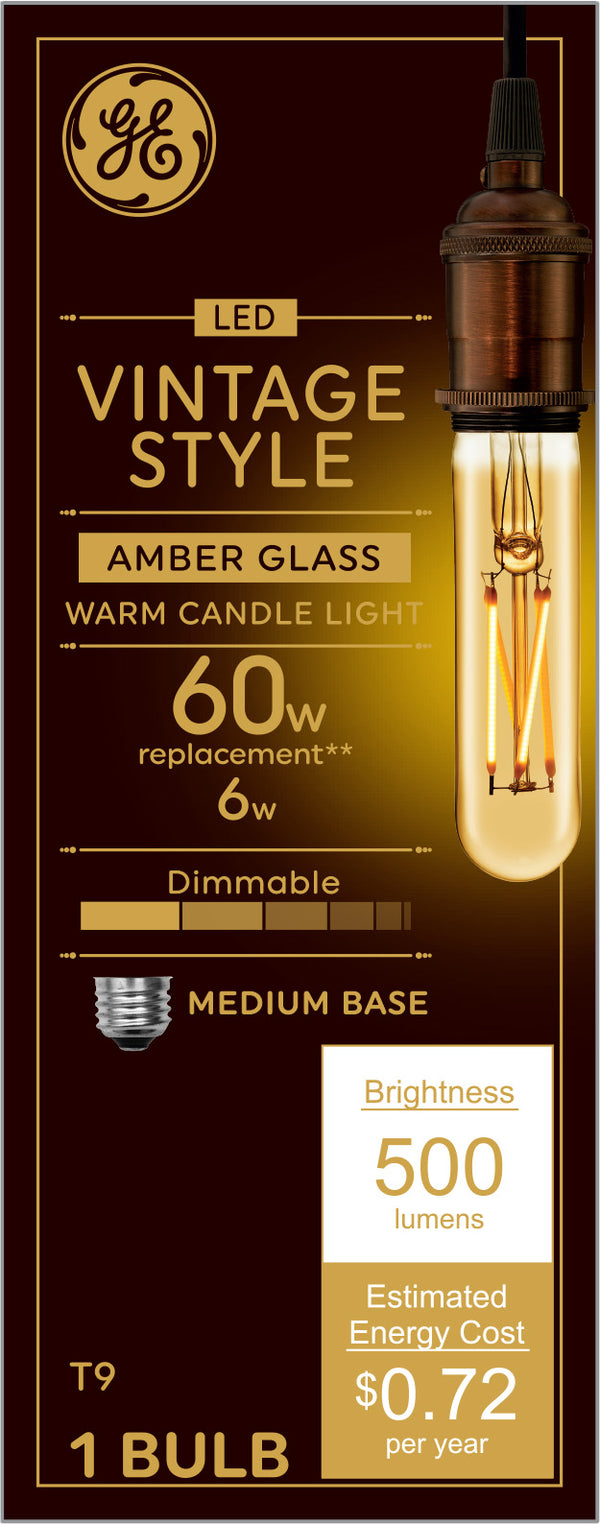GE Vintage Style T9 LED Light Bulb, Tube Light Amber Glass, 60 W Replacement
