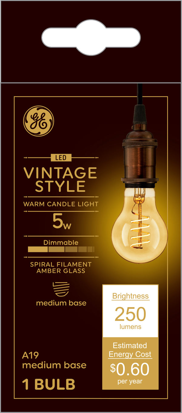 GE Vintage Style A19 LED Light Bulb, Amber Glass, 60 W Replacement