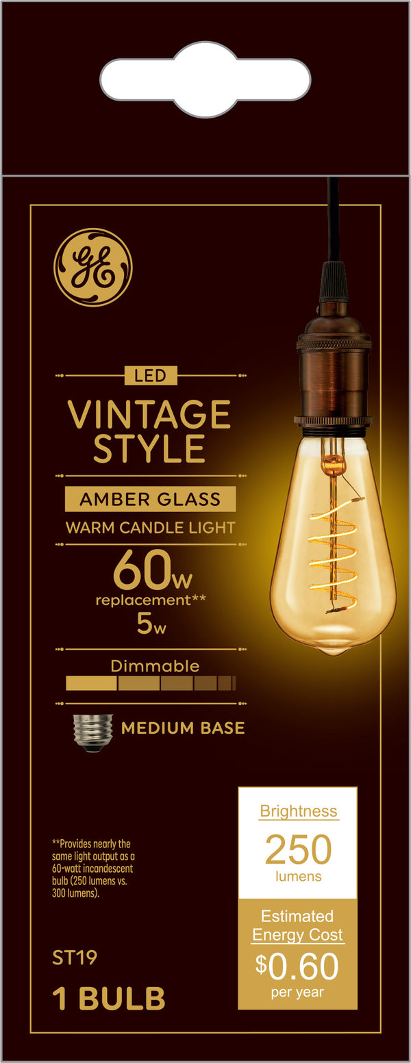 GE Vintage Style LED, Amber Glass, 60 Watt Replacement, ST19 Edison Style Light Bulb