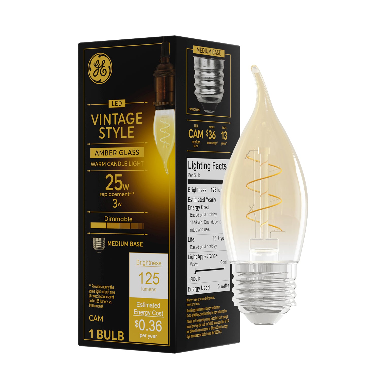 GE Vintage Style LED, Amber Glass, 25 Watt Replacement, CA11 Deco-Cand