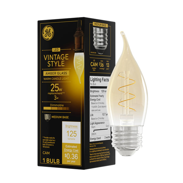 GE Vintage Style LED, Amber Glass, 25 Watt Replacement, CA11 Deco-Candle Light Bulb