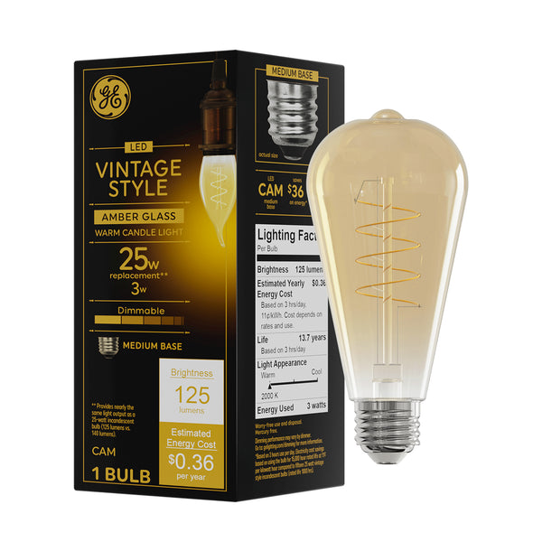 GE Vintage Style LED, Amber Glass, 60 Watt Replacement, ST19 Edison Style Light Bulb