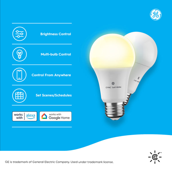 GE Cync A19 Smart LED Light Bulbs, Soft White WiFi Lights, Works with Alexa and Google Home (2 PK)
