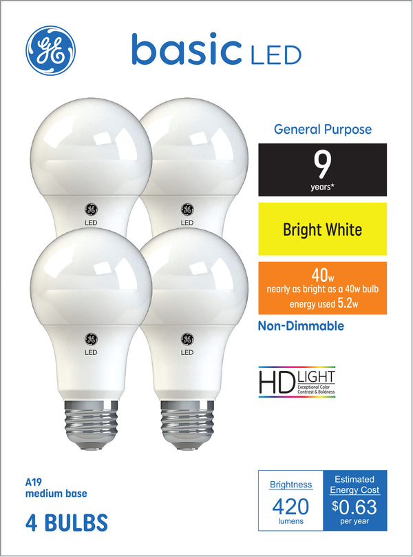 GE Basic A19 LED Light Bulbs, General Purpose Bulbs, 40 W Replacement, Bright White (4 PK)