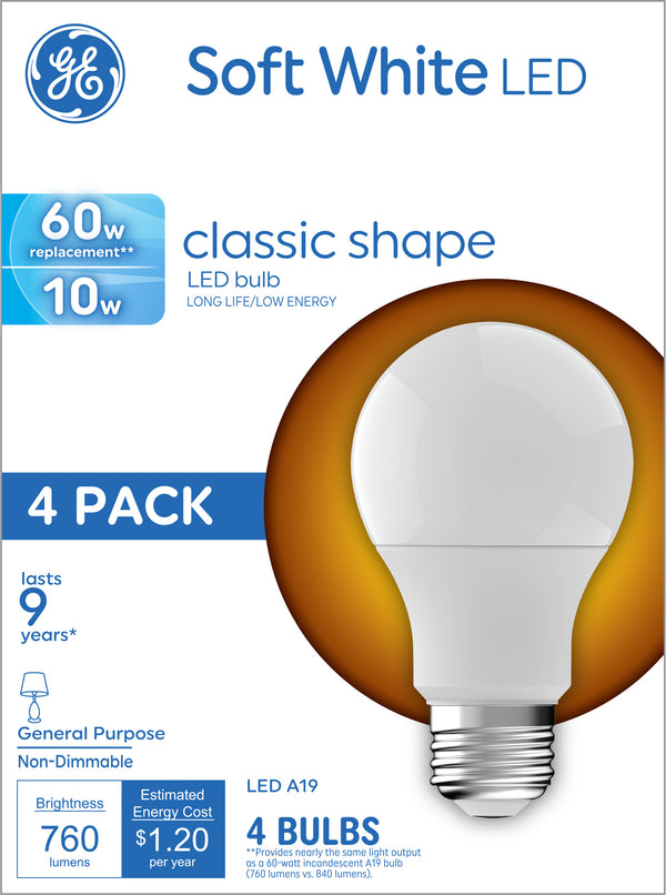 GE Basic LED 60 W Replacement, Soft White, A19 General Purpose Bulbs (4 PK)