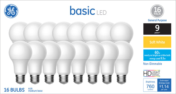 GE Basic LED 60 W Replacement, Soft White, A19 General Purpose Bulbs (16 PK)