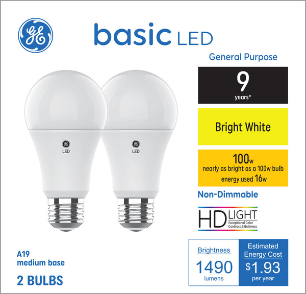 GE Basic A19 LED Light Bulbs, General Purpose Bulbs, 100 W Replacement, Bright White (2 PK)