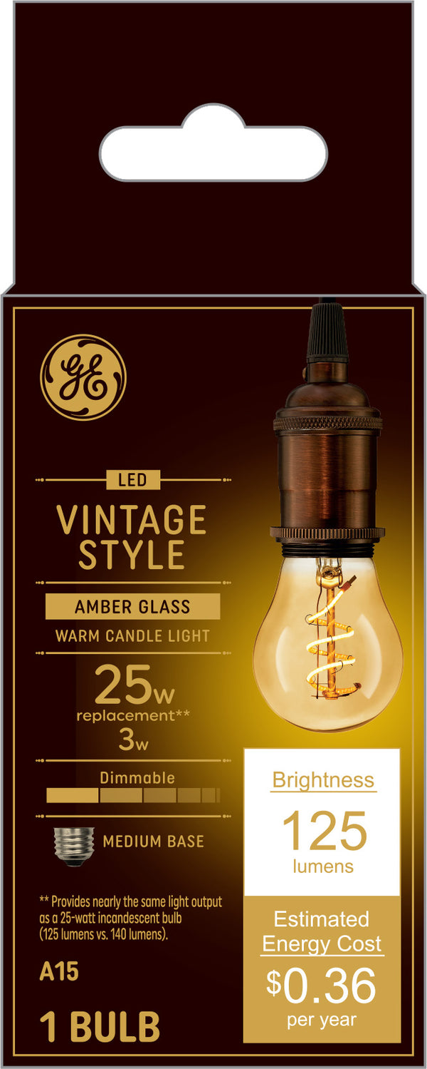 GE Vintage Style A15 LED Light Bulb, Ceiling Fan Bulb, Amber Glass, 25 W Replacement