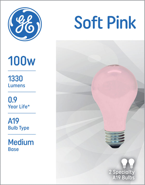 GE Incandescent 100 W Pink Light A19 Specialty Bulbs 2 PK