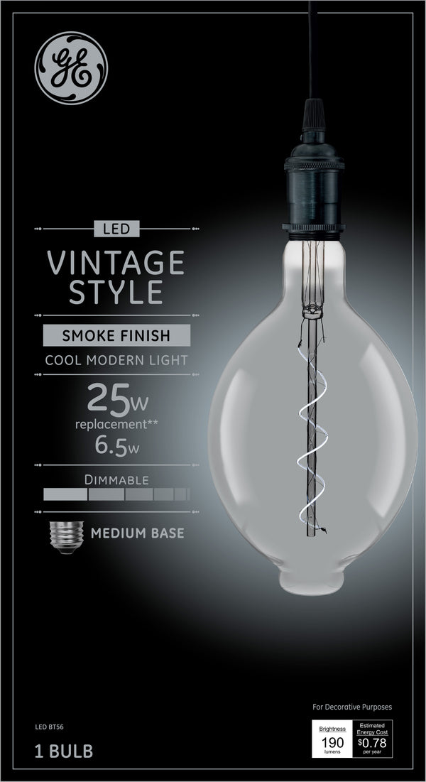 GE Vintage BT56 LED Light Bulb, Large Globe Light Bulb, Smoke Glass, 25 W Replacement