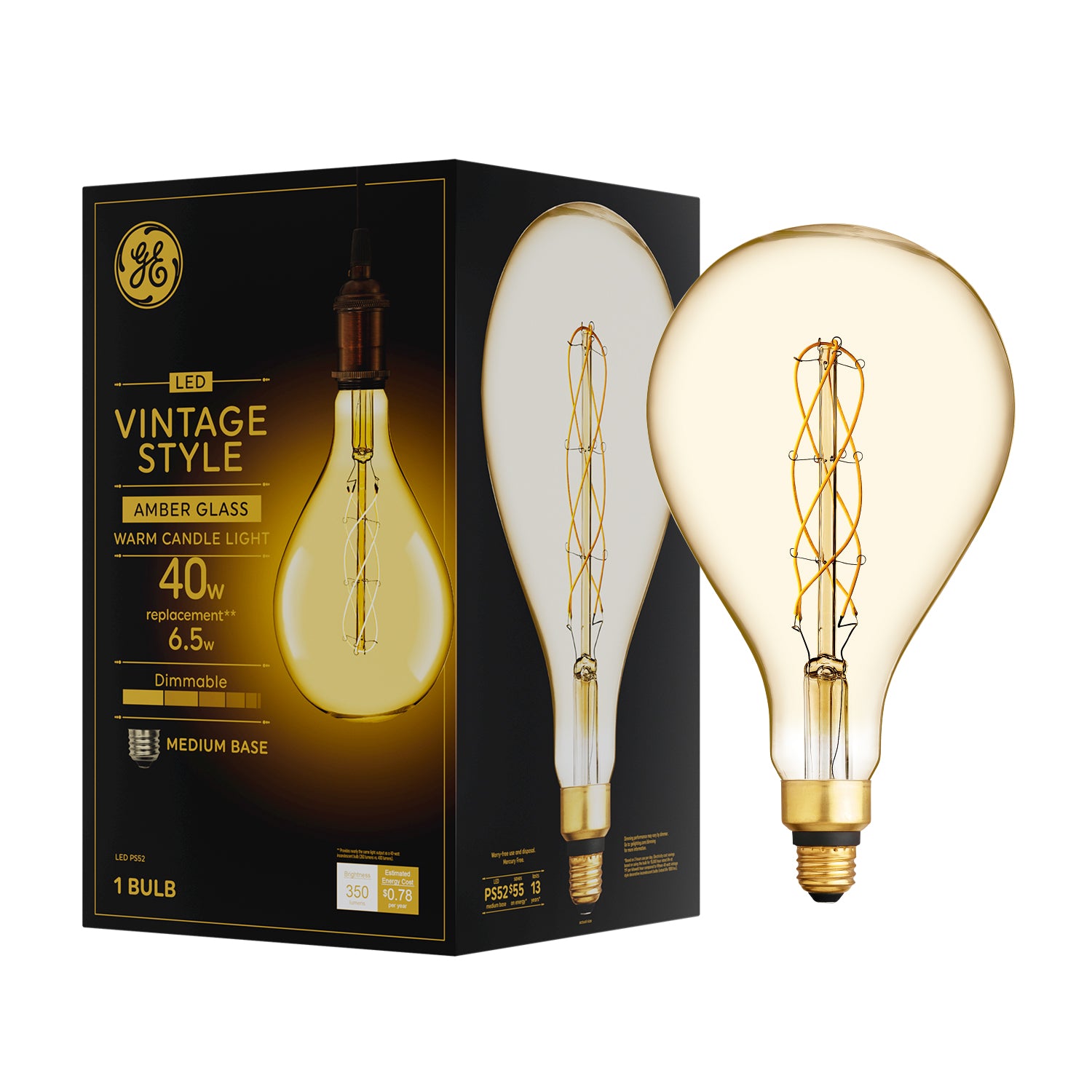 米国ＧＥ（ジェネラル・エレクトリック）社のアンティーク電球 GE Vintage Style LED, Amber Glass, 40 Watt Replacement, PS52 Large Glo