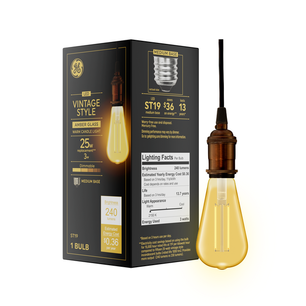 GE Vintage Style LED, Amber Glass, 25 Watt Replacement, ST19 Edison Style Light Bulb