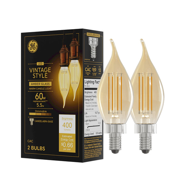 GE Vintage Style LED, Amber Glass, 60 Watt Replacement, CA11 Deco-Candle Light Bulbs