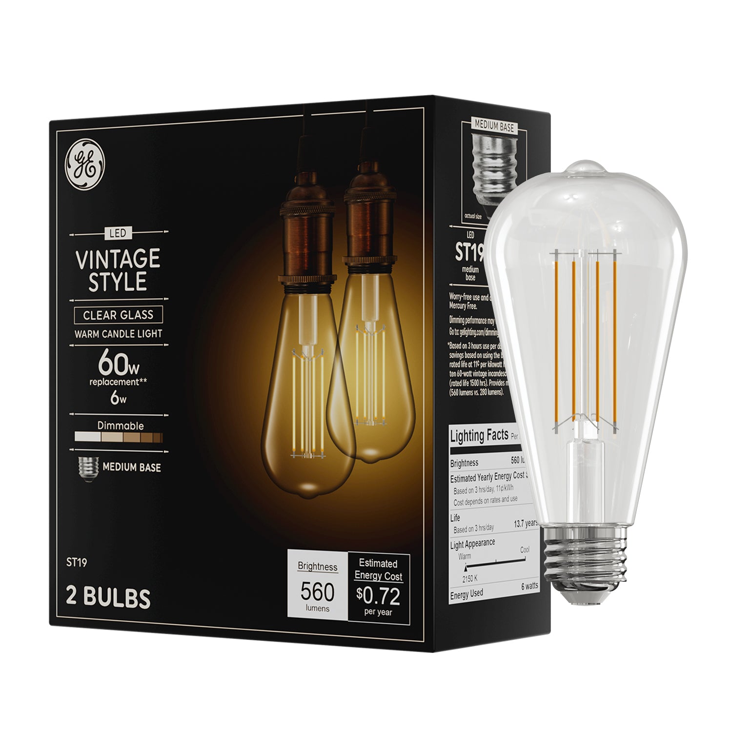 GE Vintage Style LED, Clear Glass, 60 Watt Replacement, ST19 Edison St