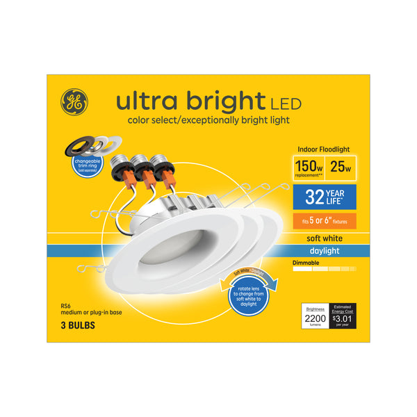 GE Ultra Bright LED 150 Watt Replacement, Soft White, RS48 (RS6) Recessed Downlight Bulbs (3 Pack)