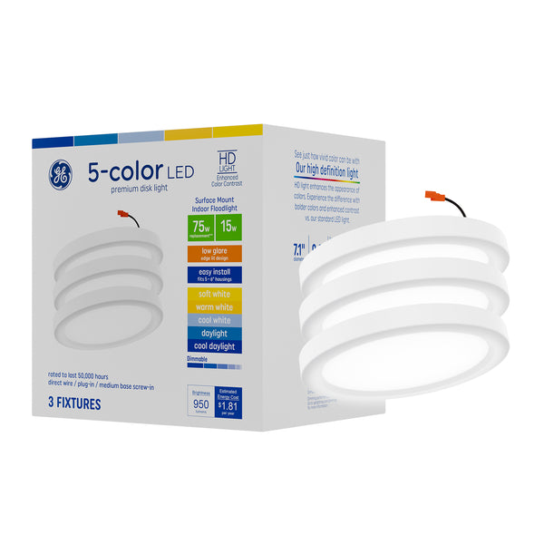 GE Premium Disk Lights, 75 Watt Replacement, Color Select, Direct Wire Plug-In or Screw-In