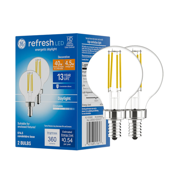 GE Refresh HD LED Daylight Globe Candelabra Base Light Bulbs