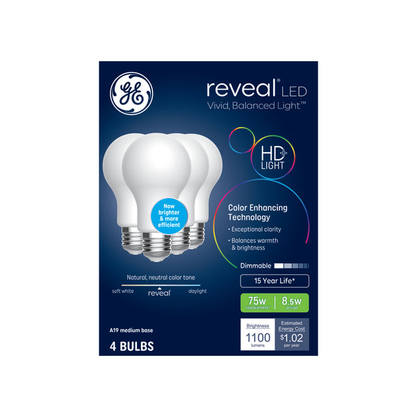 GE Reveal HD+ LED 75 Watt Replacement, Reveal, A19 General Purpose Bulbs (4 Pack)