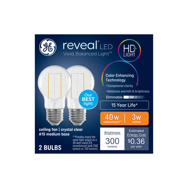 GE Reveal HD+ LED, Reveal A15 Ceiling Fan Bulbs (2 Pack)