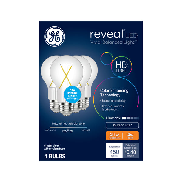 GE Reveal HD+ LED, Reveal, Clear A19 General Purpose Bulbs 4 Pack