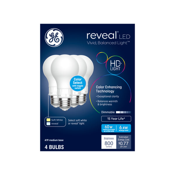 Reveal LED Color Select Reveal + Soft White, Frosted A19 (4-Pack)