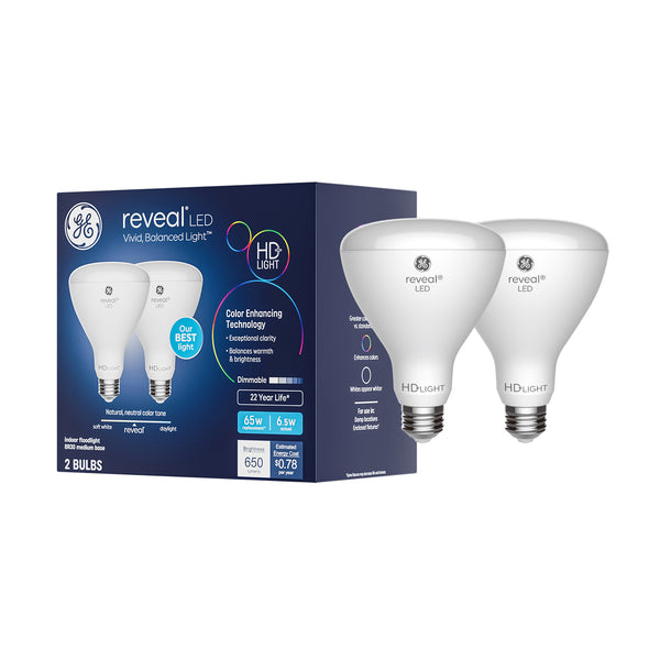 GE Reveal HD+ LED 65 Watt Replacement, Warm White, BR30 Indoor Floodlight Bulbs (2 Pack)