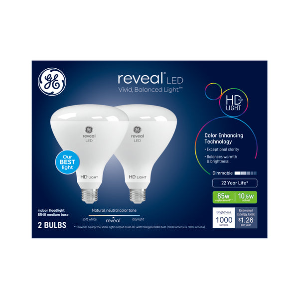 GE Reveal HD+ LED 85 Watt Replacement, Reveal, BR40 Indoor Floodlight Bulbs (2 Pack)