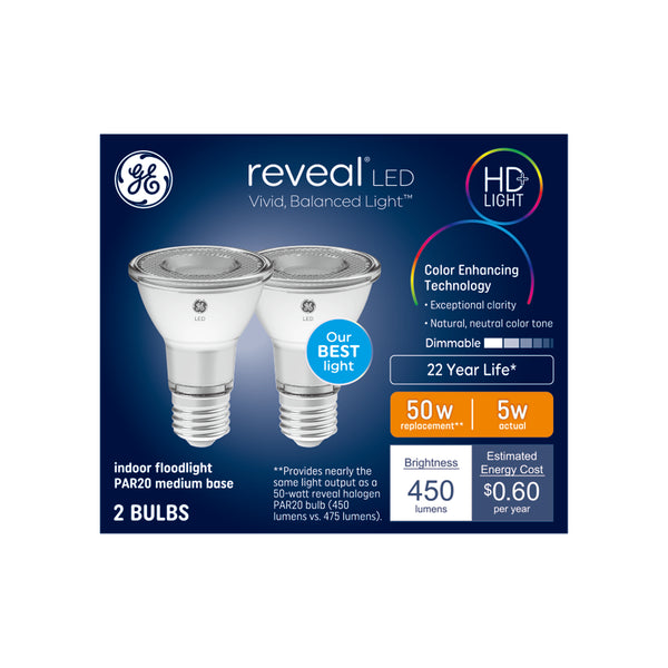 GE Reveal HD+ LED 50 Watt Replacement, Reveal, PAR20 Indoor Floodlight Bulbs (2 Pack)