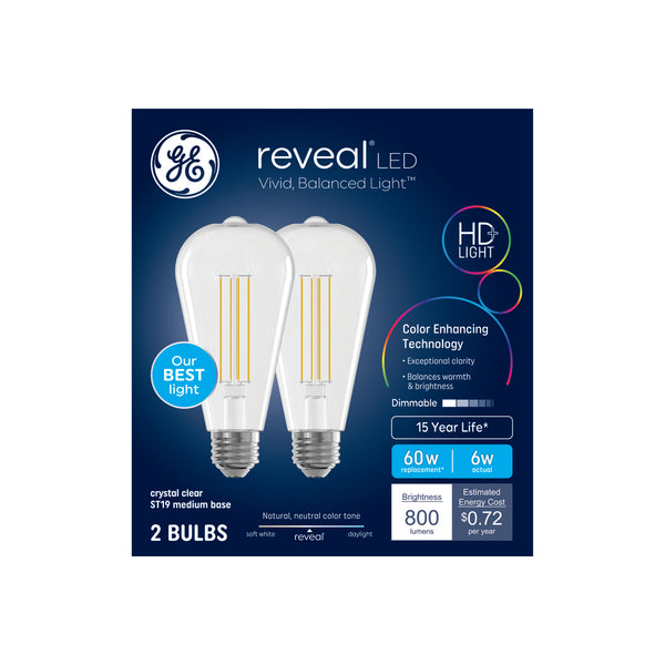 GE Reveal HD+ LED 60 Watt Replacement, Reveal, ST19 Edison Bulbs (2 Pack)