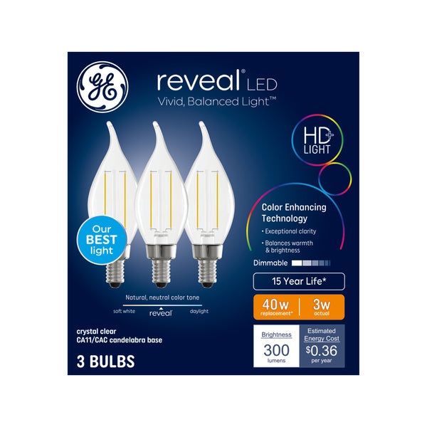GE Reveal HD+ LED, Reveal, CA11 Ceiling Fan Bulbs (3 Pack)