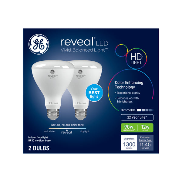 GE Reveal HD+ LED 90 Watt Replacement, Reveal, BR30 Indoor Floodlight Bulbs (2 Pack)