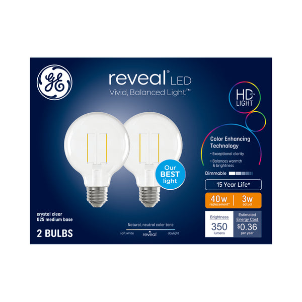 GE Reveal HD+ LED 40 Watt Replacement, Reveal, G25 Vanity - Globe Bulbs (2 Pack)