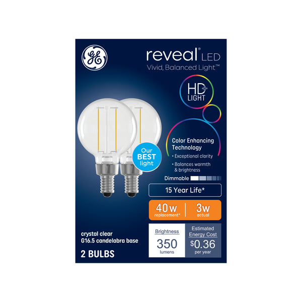 GE Reveal HD+ LED, Reveal, G16.5 Vanity - Globe Bulbs (2 Pack)
