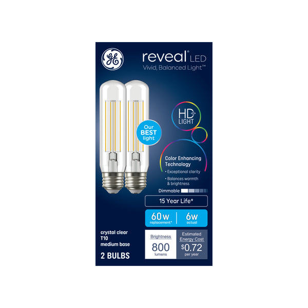 GE Reveal HD+ LED 60 Watt Replacement, Reveal,Deco - Tubular Bulbs (2 Pack)