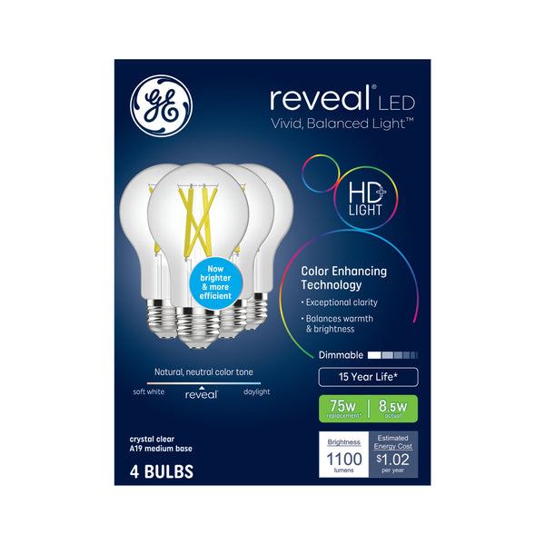 GE Reveal HD+ LED 75 Watt Replacement, Reveal, A19 General Purpose Bulbs (4 Pack)