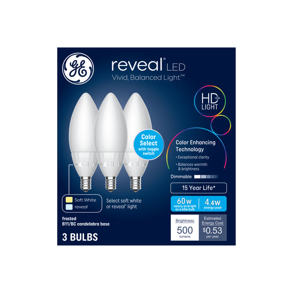 GE Reveal HD+ LED 60 Watt Replacement, Reveal + Soft White, B11 General Purpose Bulbs (3 Pack)