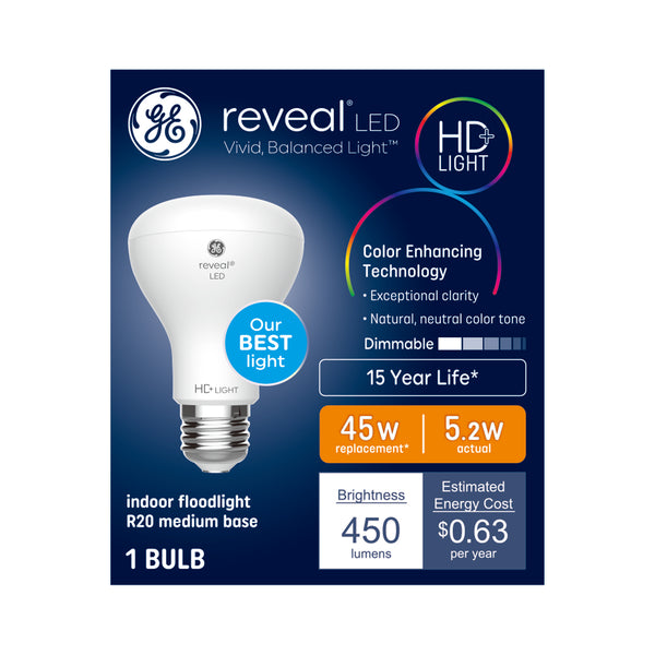 GE Reveal HD+ LED 45 Watt Replacement, Reveal, R20 Indoor Floodlight Bulbs
