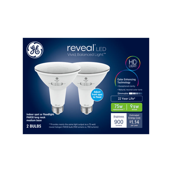 GE Reveal HD+ LED 75 Watt Replacement, Reveal, PAR30 Indoor Floodlight Bulbs (2 Pack)