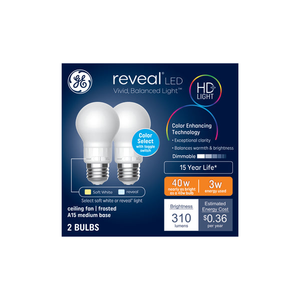 GE Reveal HD+ LED, Reveal + Soft White, A15 Ceiling Fan Bulbs (2 Pack)