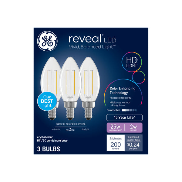GE Reveal HD+ LED 25 Watt Replacement, Reveal, B11 Deco - Candle Bulbs (3 Pack)