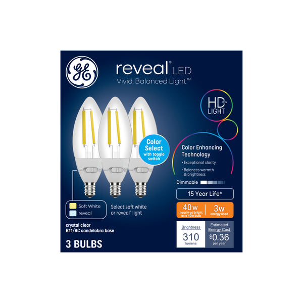 GE Reveal HD+ LED 40 Watt Replacement, Reveal + Soft White, B11 General Purpose Bulbs (3 Pack)