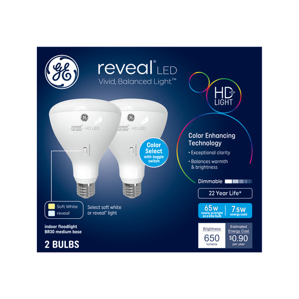 GE Reveal HD+ LED 65 Watt Replacement, Reveal + Soft White, BR30 Indoor Floodlight Bulbs (2 Pack)