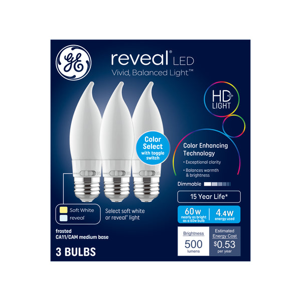 GE Reveal HD+ LED 60 Watt Replacement, Reveal + Soft White, CA11 Deco - Candle Bulbs (3 Pack)